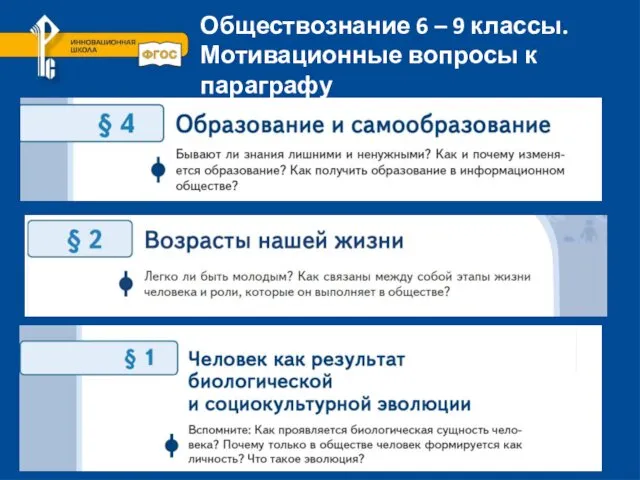 Обществознание 6 – 9 классы. Мотивационные вопросы к параграфу