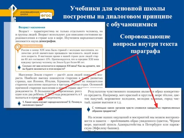 Учебники для основной школы построены на диалоговом принципе общения с обучающимися Сопровождающие вопросы внутри текста параграфа