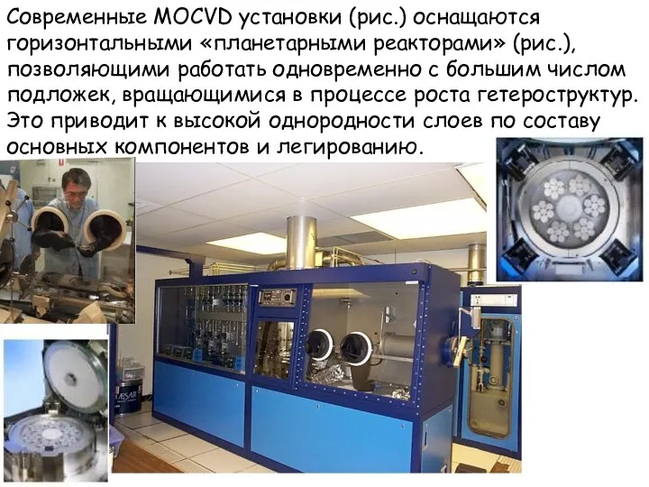 Современные MOCVD установки (рис.) оснащаются горизонтальными «планетарными реакторами» (рис.), позволяющими