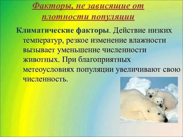 Факторы, не зависящие от плотности популяции Климатические факторы. Действие низких температур, резкое изменение