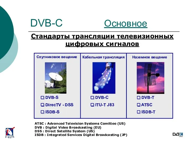 ATSC : Advanced Television Systems Comittee (US) DVB : Digital Video Broadcasting (EU)