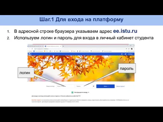 Шаг.1 Для входа на платформу В адресной строке браузера указываем адрес ee.istu.ru Используем