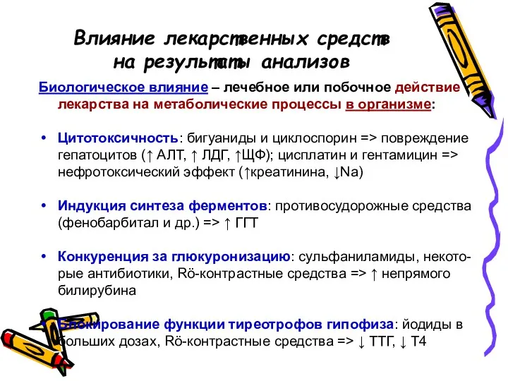 Влияние лекарственных средств на результаты анализов Биологическое влияние – лечебное