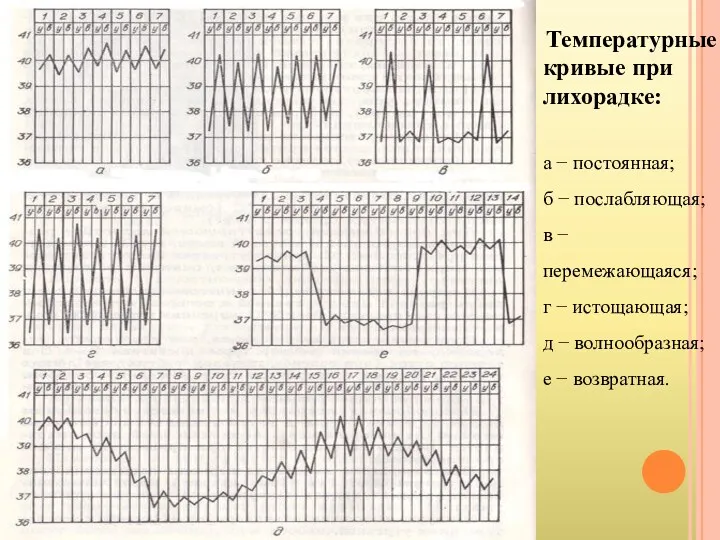 Температурные кривые при лихорадке: а − постоянная; б − послабляющая;