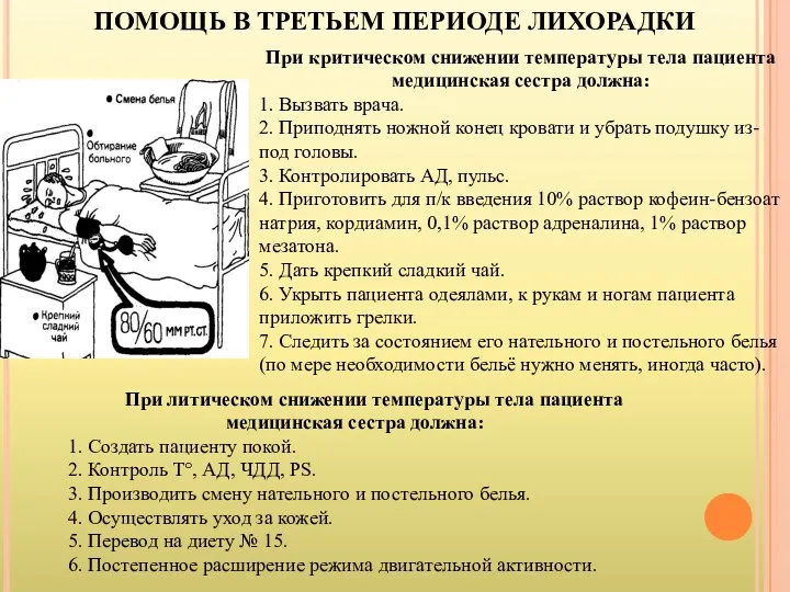 ПОМОЩЬ В ТРЕТЬЕМ ПЕРИОДЕ ЛИХОРАДКИ При критическом снижении температуры тела