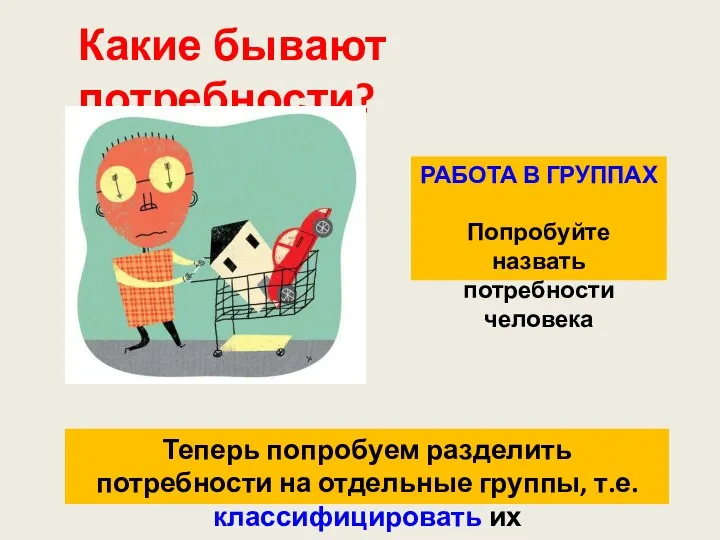 Какие бывают потребности? РАБОТА В ГРУППАХ Попробуйте назвать потребности человека Теперь попробуем разделить