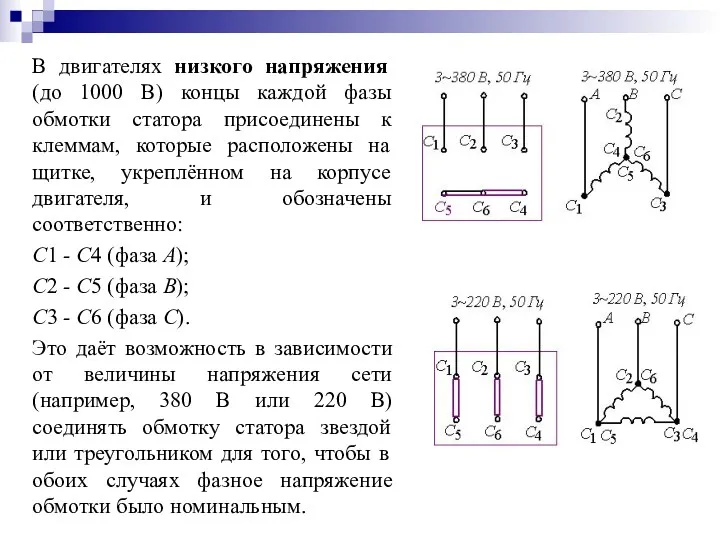 В двигателях низкого напряжения (до 1000 В) концы каждой фазы