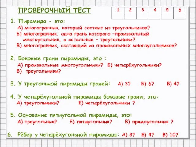 1. Пирамида - это: А) многогранник, который состоит из треугольников?