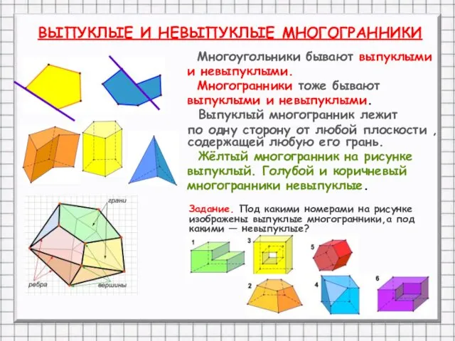 ВЫПУКЛЫЕ И НЕВЫПУКЛЫЕ МНОГОГРАННИКИ Многоугольники бывают выпуклыми и невыпуклыми. Многогранники