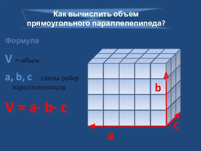 Формула V - объем a, b, c – длины ребер