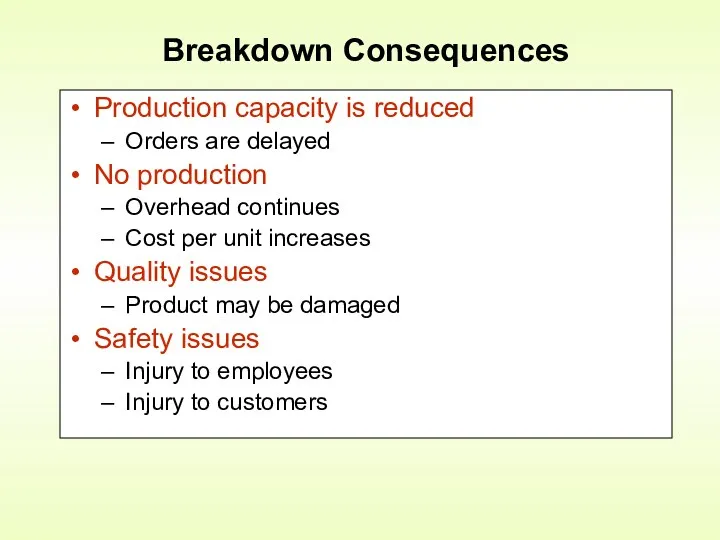Production capacity is reduced Orders are delayed No production Overhead