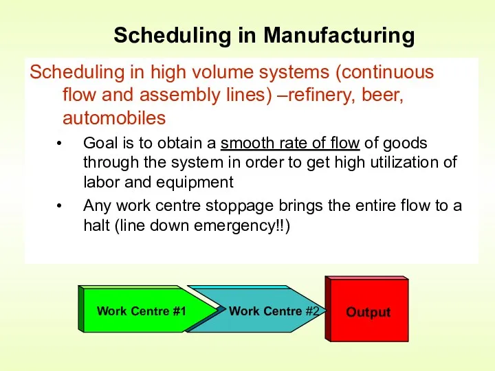 Scheduling in high volume systems (continuous flow and assembly lines)