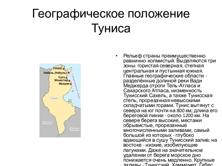 Географическое положение Туниса Рельеф страны преимущественно равнинно-холмистый. Выделяются три зоны: гористая северная, степная