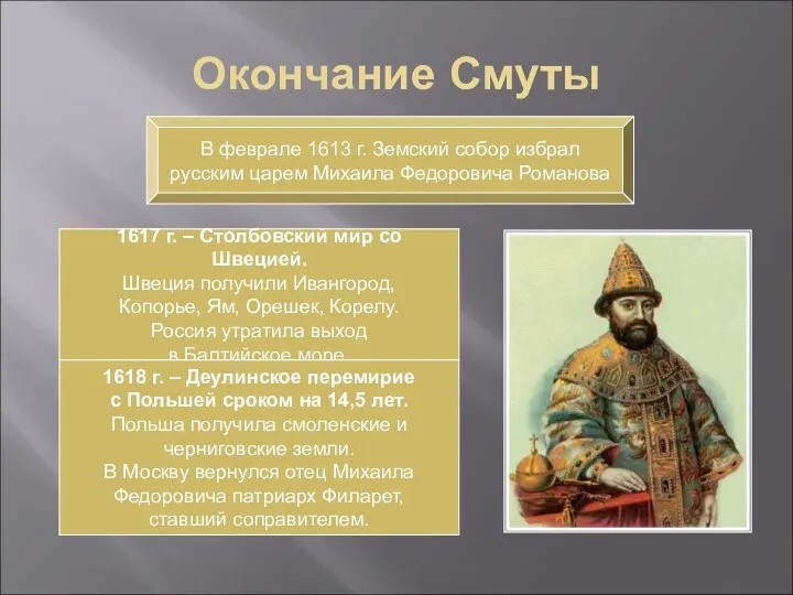 Окончание Смуты В феврале 1613 г. Земский собор избрал русским царем Михаила Федоровича