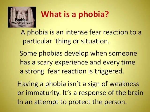 What is a phobia? A phobia is an intense fear reaction to a