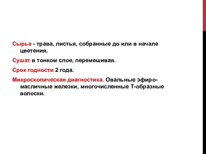 Сырье - трава, листья, собранные до или в начале цветения.