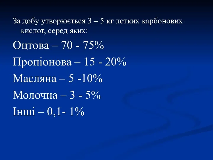 За добу утворюється 3 – 5 кг летких карбонових кислот,