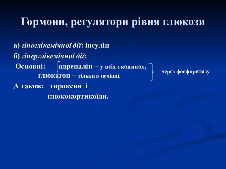 Гормони, регулятори рівня глюкози а) гіпоглікемічної дії: інсулін б) гіперглікемічної