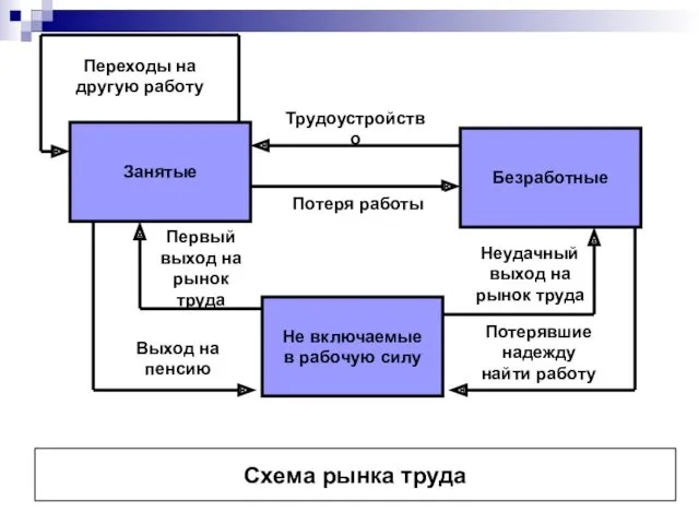 Схема рынка труда Безработные Занятые Не включаемые в рабочую силу