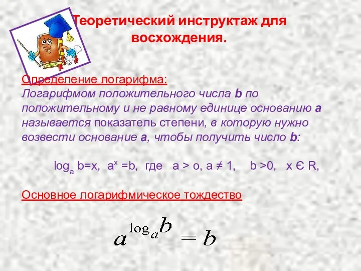 Теоретический инструктаж для восхождения. Определение логарифма: Логарифмом положительного числа b