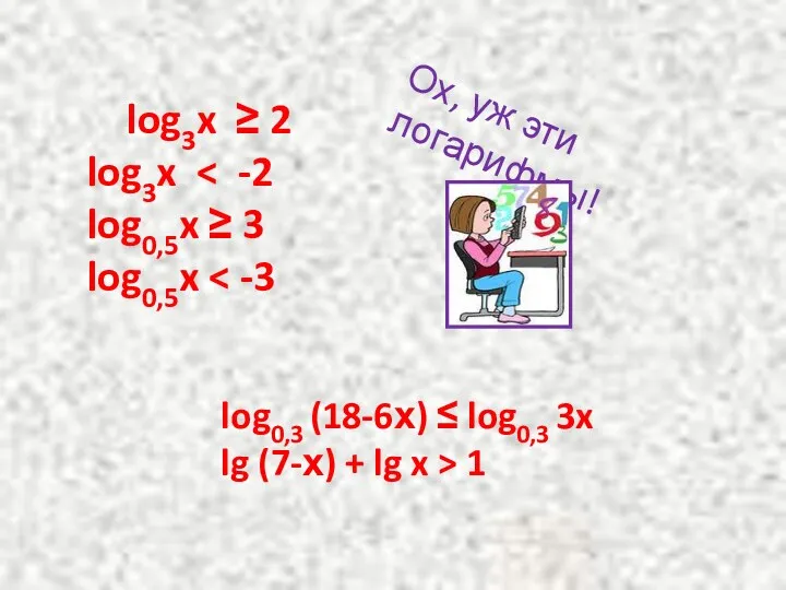 log3x ≥ 2 log3x log0,5x ≥ 3 log0,5x log0,3 (18-6х)