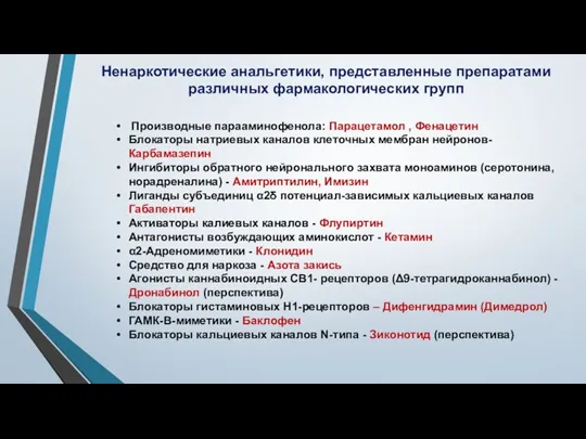 Производные парааминофенола: Парацетамол , Фенацетин Блокаторы натриевых каналов клеточных мембран