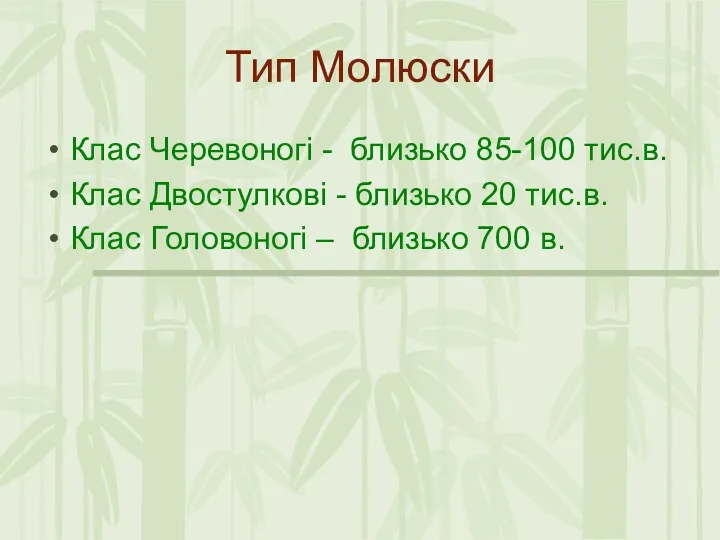 Тип Молюски Клас Черевоногі - близько 85-100 тис.в. Клас Двостулкові