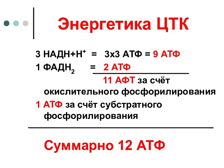 Энергетика ЦТК 3 НАДН+Н+ = 3х3 АТФ = 9 АТФ