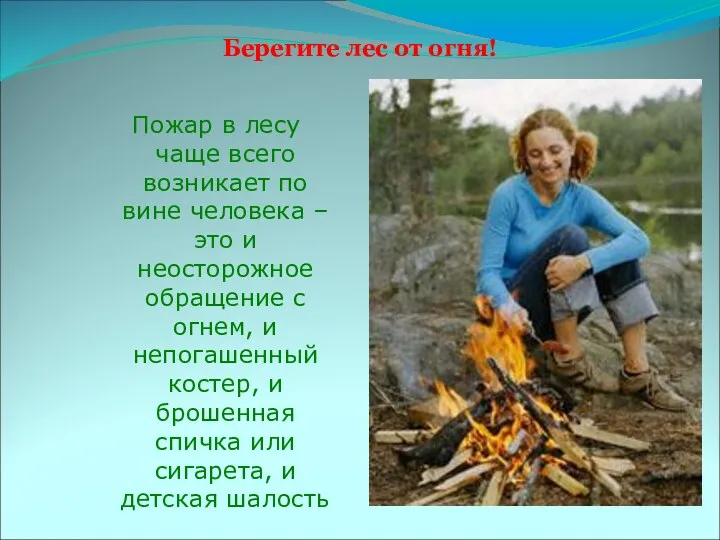 Берегите лес от огня! Пожар в лесу чаще всего возникает по вине человека