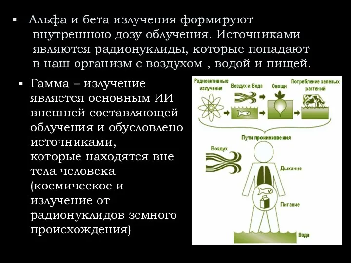 Альфа и бета излучения формируют внутреннюю дозу облучения. Источниками являются