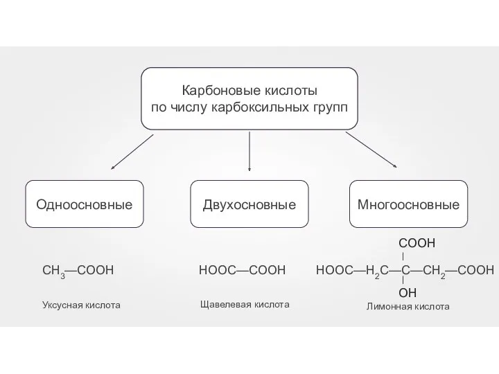 Карбоновые кислоты по числу карбоксильных групп НООС—СООН Щавелевая кислота СН3—СООН Уксусная кислота Лимонная кислота