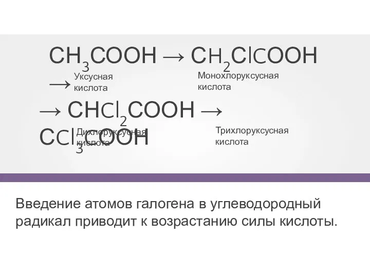 СН3СООН → СH2СlCООН → → СНCl2СООН → СCl3CООН Уксусная кислота