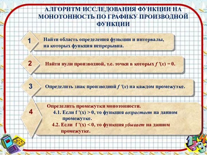 АЛГОРИТМ ИССЛЕДОВАНИЯ ФУНКЦИИ НА МОНОТОННОСТЬ ПО ГРАФИКУ ПРОИЗВОДНОЙ ФУНКЦИИ Найти