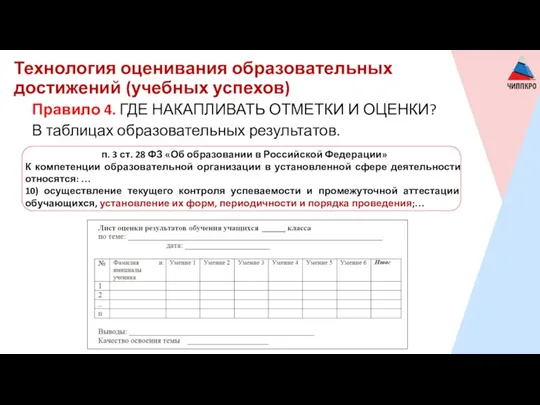 Технология оценивания образовательных достижений (учебных успехов) Правило 4. ГДЕ НАКАПЛИВАТЬ