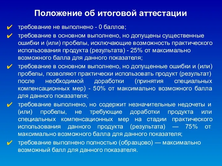 Положение об итоговой аттестации требование не выполнено - 0 баллов; требование в основном