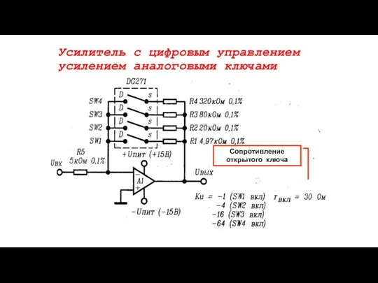 Усилитель с цифровым управлением усилением аналоговыми ключами Сопротивление открытого ключа