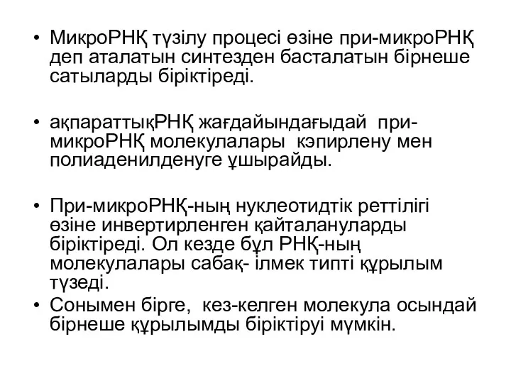 МикроРНҚ түзілу процесі өзіне при-микроРНҚ деп аталатын синтезден басталатын бірнеше