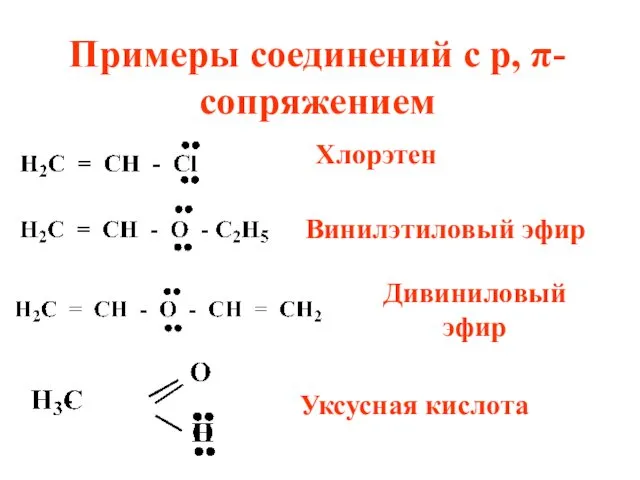 Примеры соединений с р, π-сопряжением Хлорэтен Винилэтиловый эфир Дивиниловый эфир Уксусная кислота