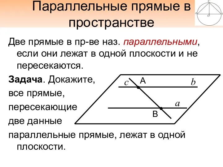 Параллельные прямые в пространстве Две прямые в пр-ве наз. параллельными, если они лежат