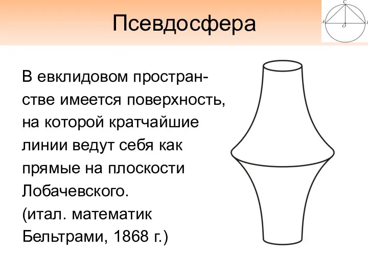 Псевдосфера В евклидовом простран- стве имеется поверхность, на которой кратчайшие линии ведут себя