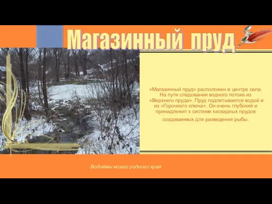 «Магазинный пруд» расположен в центре села. На пути следования водного