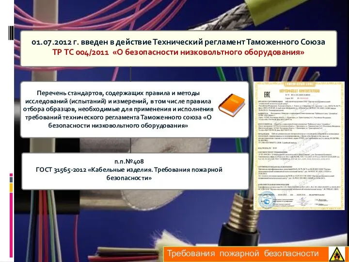 Требования пожарной безопасности 01.07.2012 г. введен в действие Технический регламент