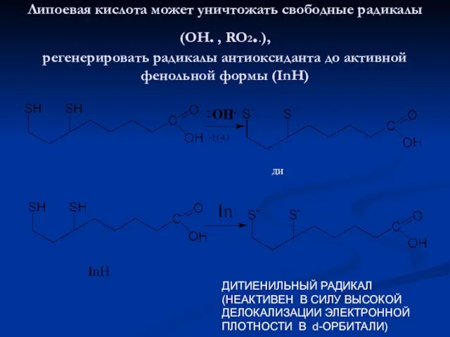 Липоевая кислота может уничтожать свободные радикалы (ОН. , RO2..), регенерировать