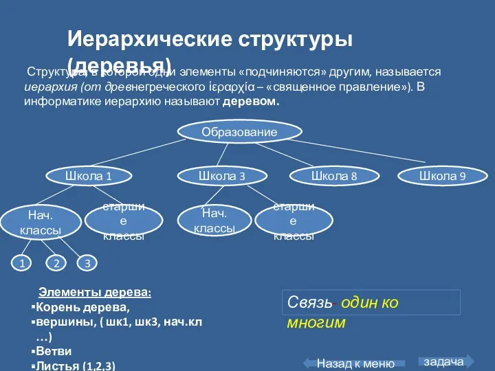 Иерархические структуры (деревья) Элементы дерева: Корень дерева, вершины, ( шк1,