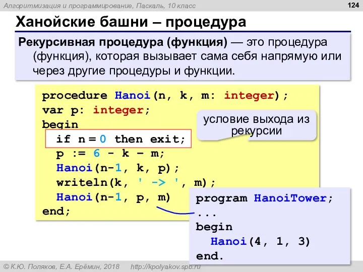 Ханойские башни – процедура Рекурсивная процедура (функция) — это процедура (функция), которая вызывает