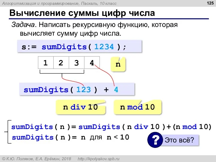 Вычисление суммы цифр числа Задача. Написать рекурсивную функцию, которая вычисляет сумму цифр числа.