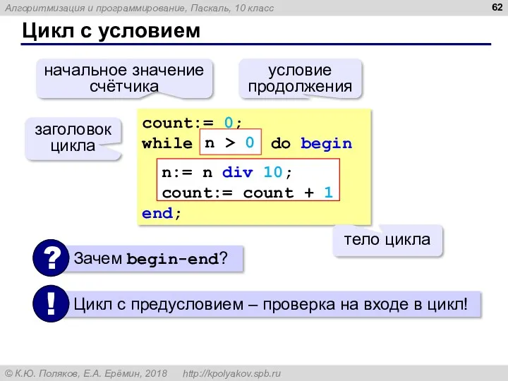 Цикл с условием count:= 0; while do begin end; n:= n div 10;