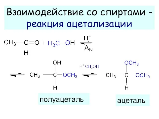 Взаимодействие со спиртами - реакция ацетализации полуацеталь ацеталь