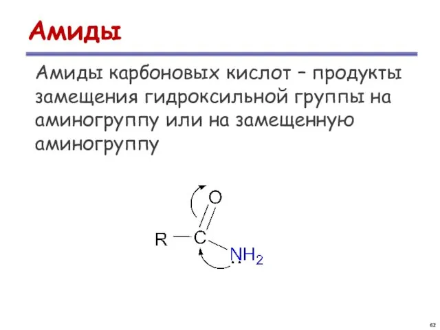 Амиды Амиды карбоновых кислот – продукты замещения гидроксильной группы на аминогруппу или на замещенную аминогруппу