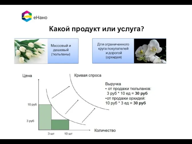 Какой продукт или услуга? Массовый и дешевый (тюльпаны) Для ограниченного круга покупателей и дорогой (орхидея)